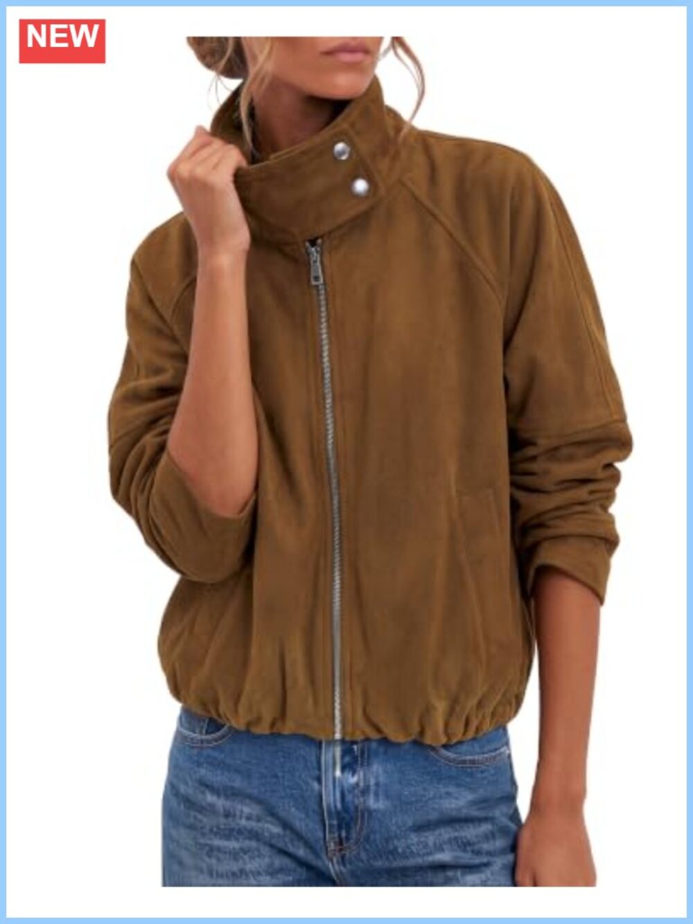 Faux Suede Cropped Funnel Neck Zip Up Jacket Casual Fall Layer